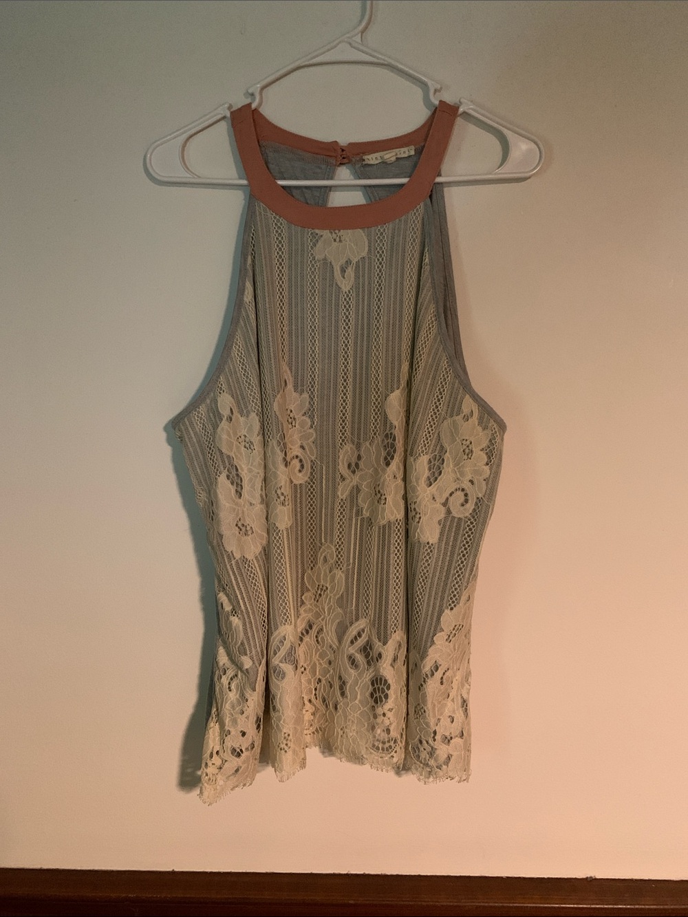 Sleeveless Lace Overlay Halter Top in Cream with Pink Trim